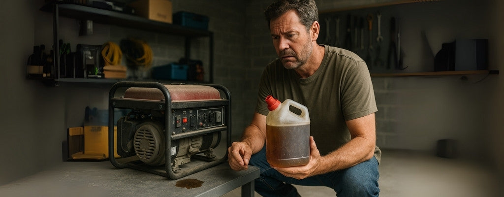 Rugged man inspecting dusty generator with sludgy petrol container