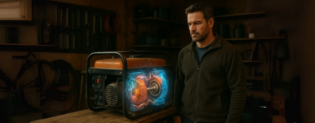 Rugged man looks at generator with internal magnet strength overlay