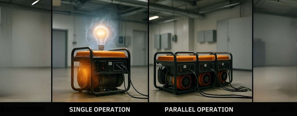 split-screen generator comparison under load in industrial setting