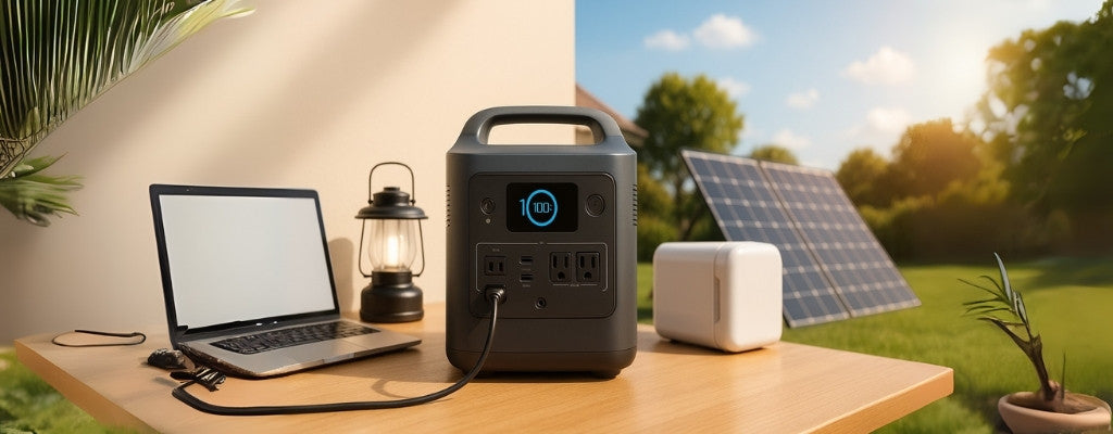 Outdoor solar charging of power station in backyard