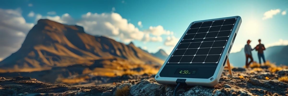 Solar panel charging a portable power station in a scenic mountain landscape with a couple in the background