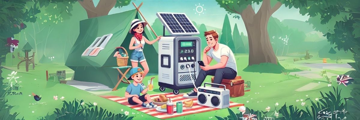 Family camping using portable power station with solar panel