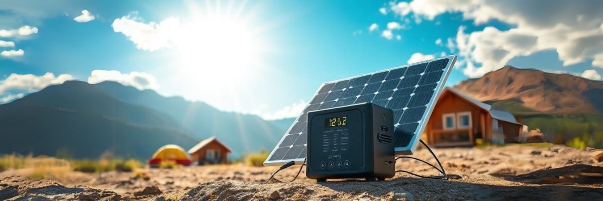 Solar powered portable power station in a mountain campsite under bright sunlight