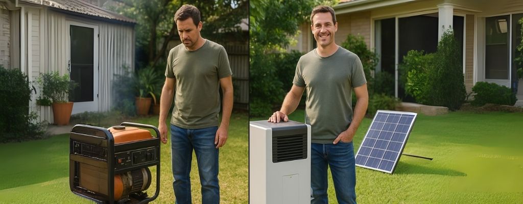 Split-screen image showing petrol vs solar generator in backyard