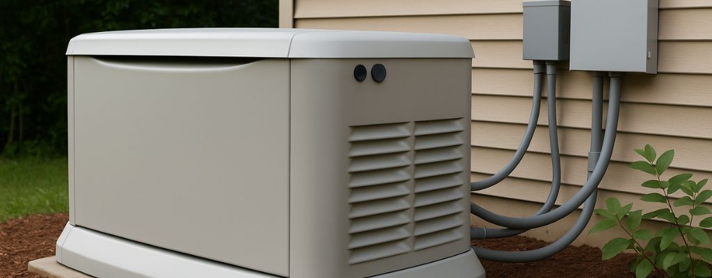 Standby home generator installed on concrete slab next to a beige house with connected electrical panels.