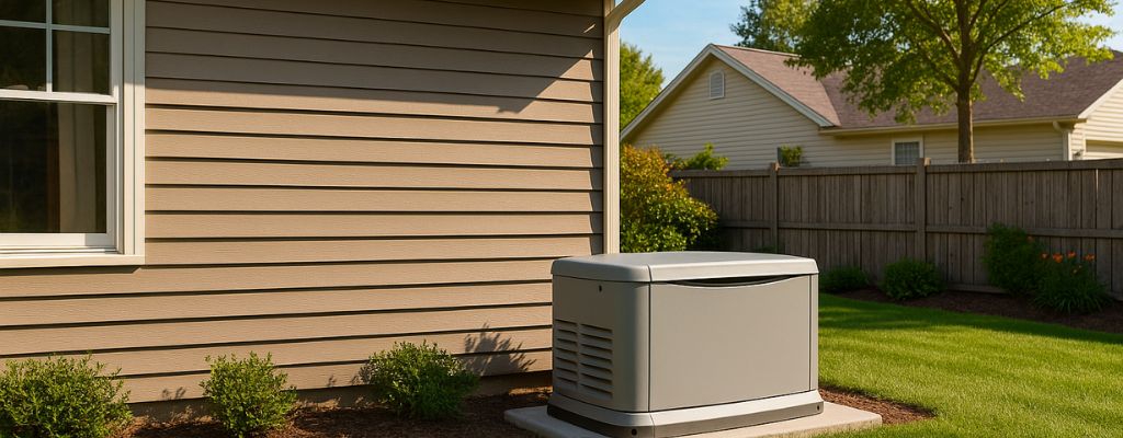 Standby generator installed beside a suburban home on a concrete base with a green lawn and clear sky