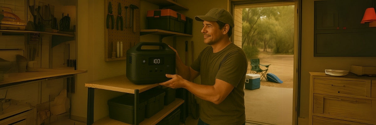 Man placing portable power station on shelf in tidy Australian garage with camping gear nearby