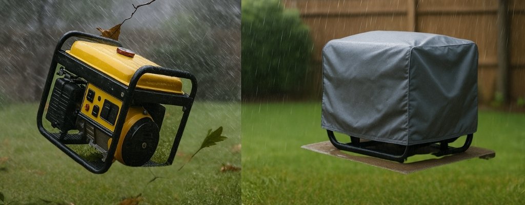 Split-screen of generator in storm vs covered anchored generator setup in backyard