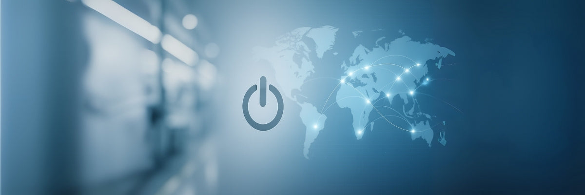 Stylized globe with power icon and floating question marks