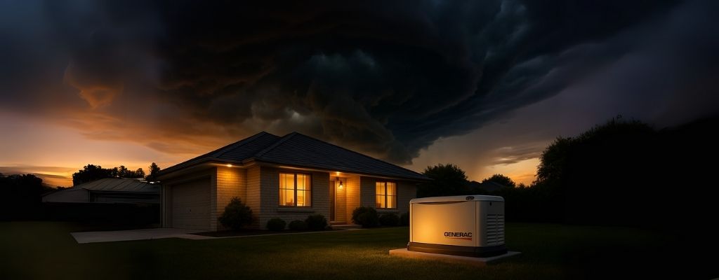 Suburban storm Generac generator at dusk securely running peacefully