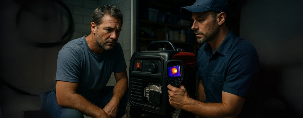 Thermal camera detects generator hotspot fault in suburban garage