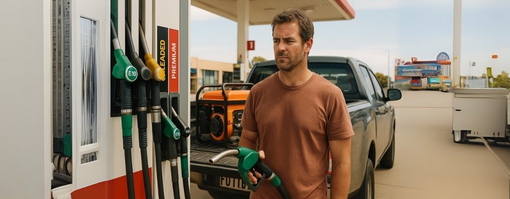 Thoughtful man at servo pump choosing E10 fuel for generator