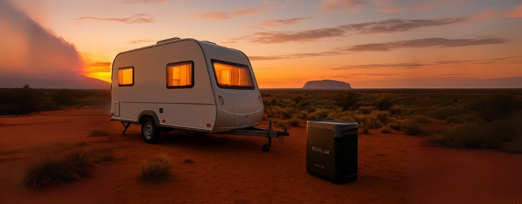 Modern travel trailer and EcoFlow power station at sunset outback