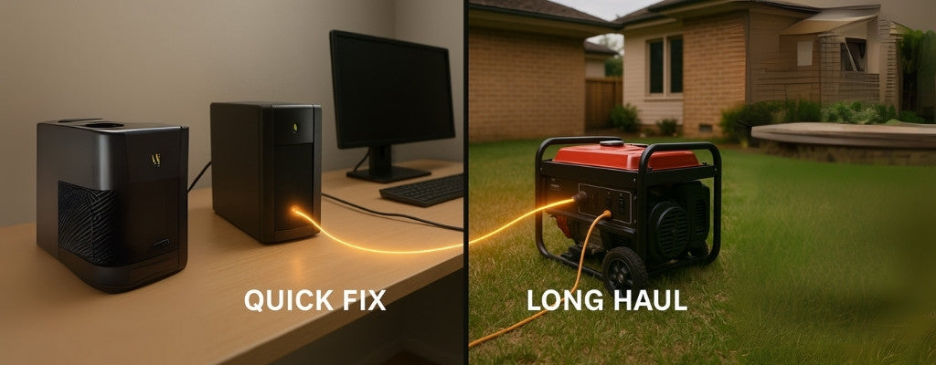Split screen showing UPS quick fix in home office and generator long haul in suburban backyard