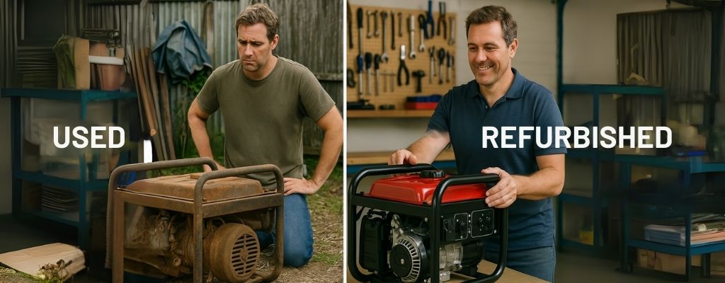 Man comparing worn used generator to clean refurbished generator