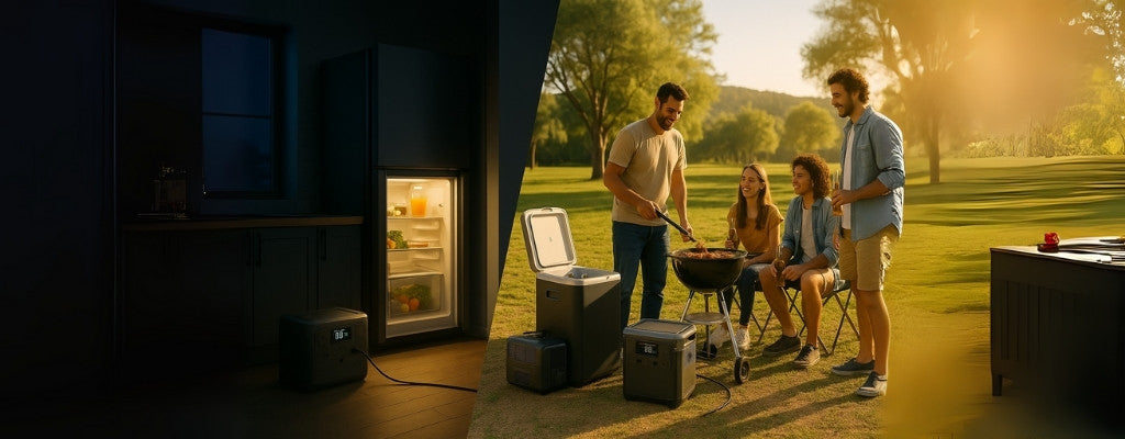 Versatile portable power station powering fridge in blackout and barbecue scenes Australia
