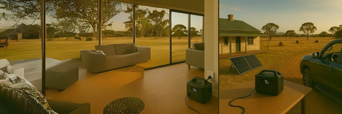 Power station charging via wall, solar, and 4WD across Australian landscape