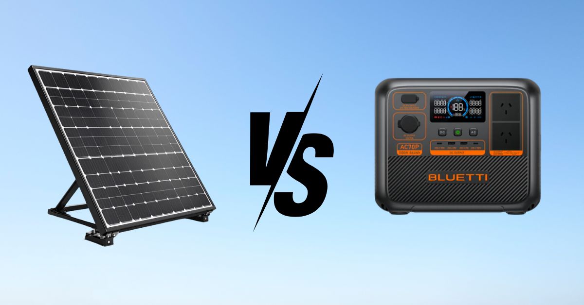 A side-by-side comparison of a solar panel and a portable power station, highlighting the key differences between a solar system and a portable power station.