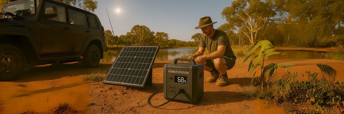Portable power station charging in outback with fishing setup