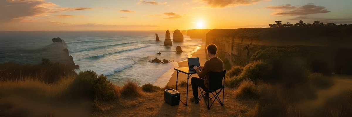 Person working remotely at portable desk overlooking Twelve Apostles at sunset