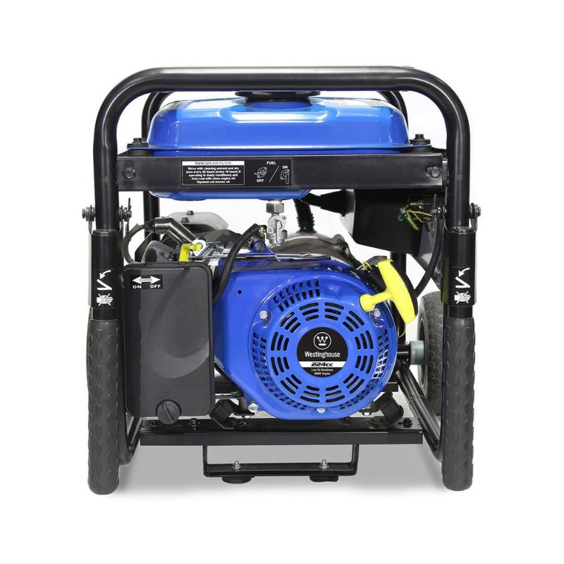 Engine-side view of Westinghouse WHXC3750 showing 224cc OHV engine and muffler system