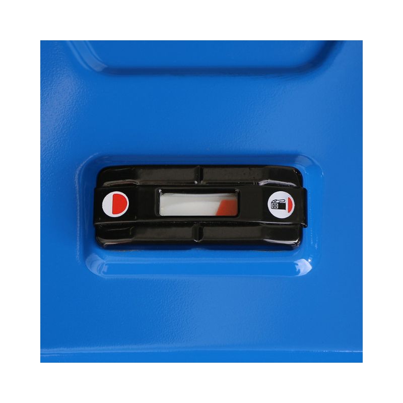 Close-up of the WHXC3750 generator fuel level window on blue tank