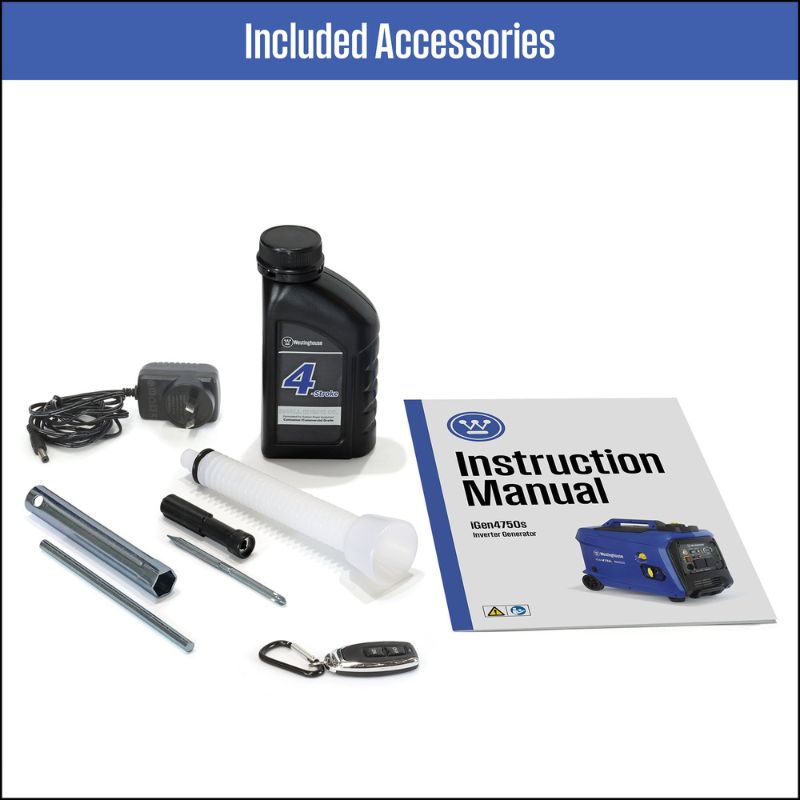Westinghouse iGen4750s full accessory kit with tools, oil, charger, and remote