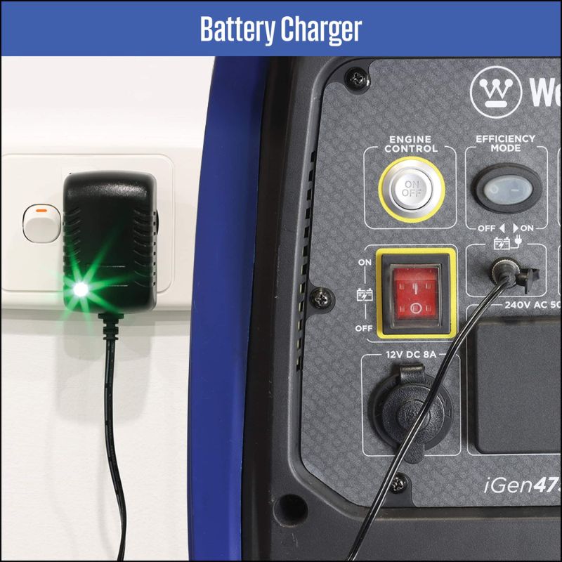 Wall-powered charger plugged into Westinghouse iGen4750s for battery maintenance
