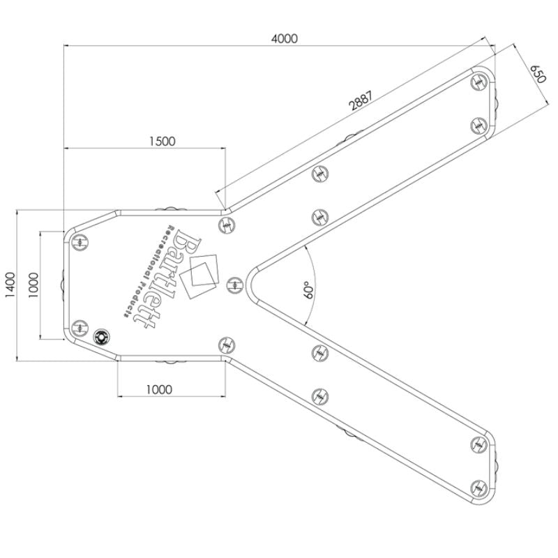 Sketch showing dimensions of Bartlett 4M Y-Shaped inflatable pontoon
