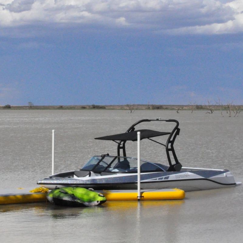 Bartlett 4M Y-Shaped inflatable pontoon setup at a lake with a boat