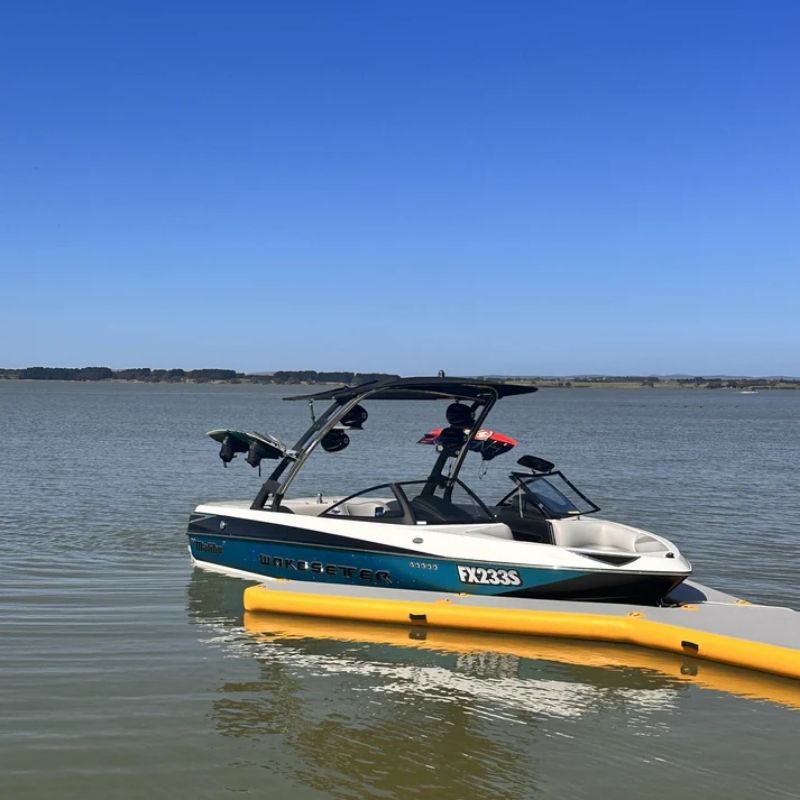 Bartlett 4M Y-Shaped inflatable pontoon setup on water with a boat