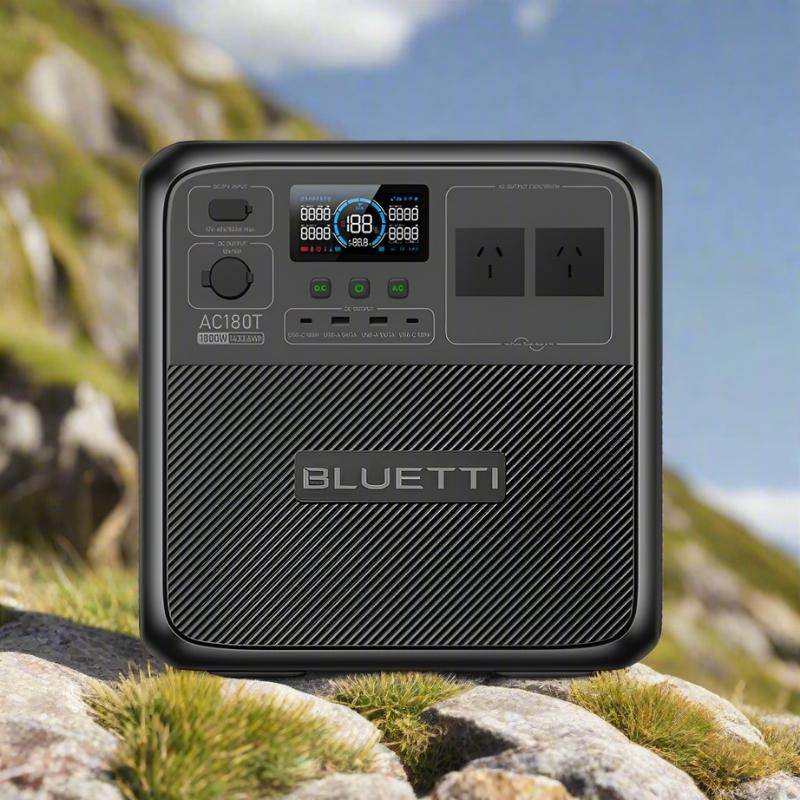 Bluetti AC180T front panel with outlets and display.