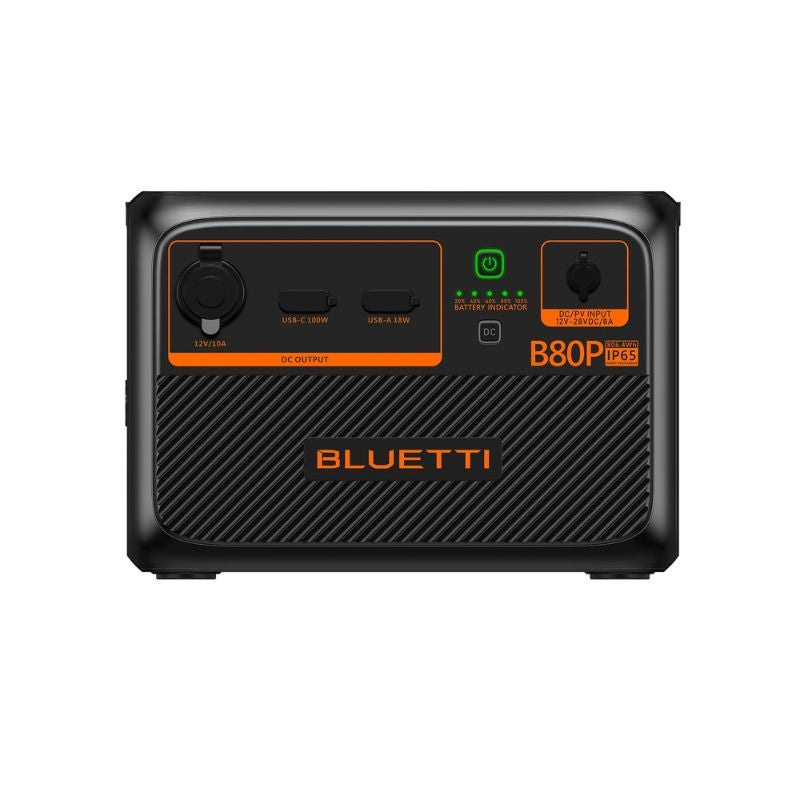 Front view of Bluetti B80P expansion battery with IP65 label and USB ports