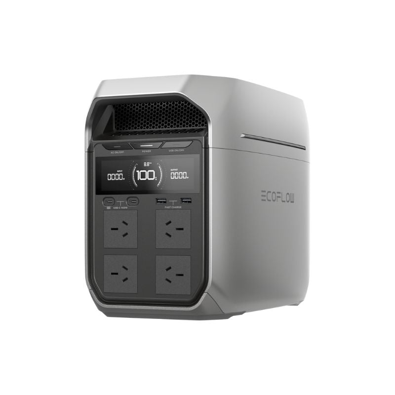 EcoFlow Delta 3 Plus front view showing LCD screen and power outlets.