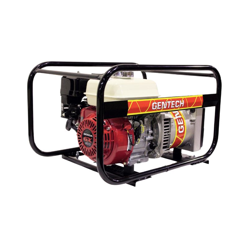 Closeup of Gentech EP3400HSR with Honda GX200 engine in frame