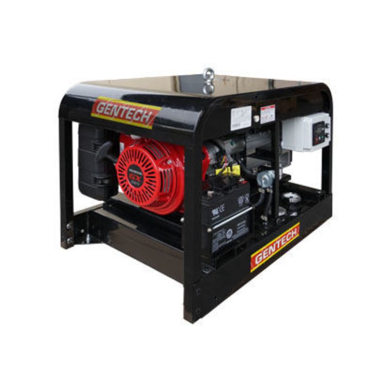Angled side view of Gentech 8kVA generator showing remote start system and framed chassis