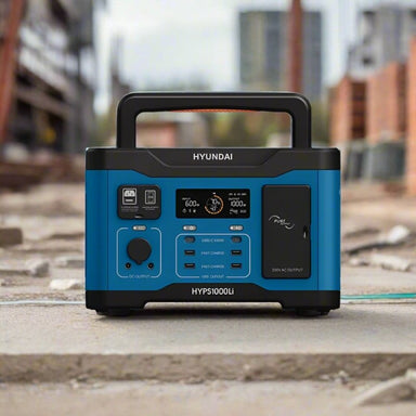 Hyundai 1000W power station front handle upright view.