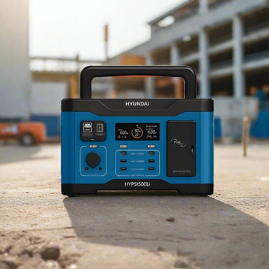 Hyundai HYPS1500LI portable power station at building site.