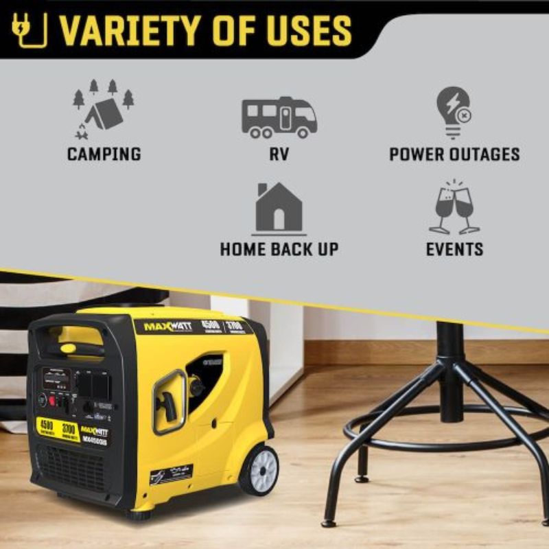 Maxwatt generator variety of uses such as camping, RV, home backup, events