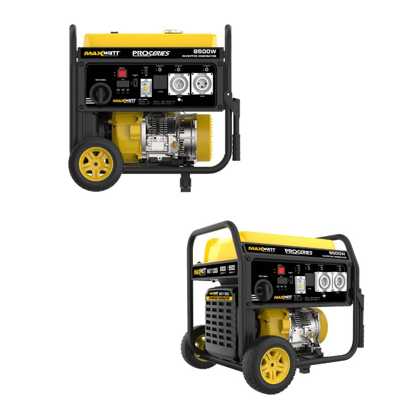 Two views of yellow MaxWatt MX11000I inverter generator front and side