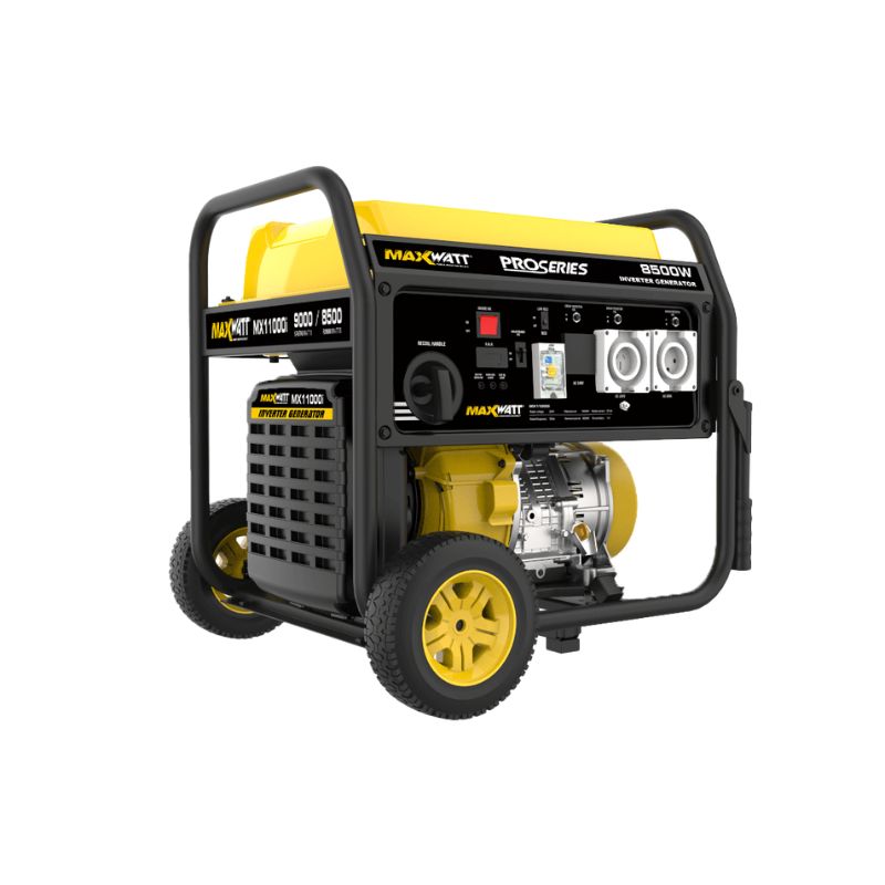 Front perspective of MX11000I inverter generator highlighting frame and wheels