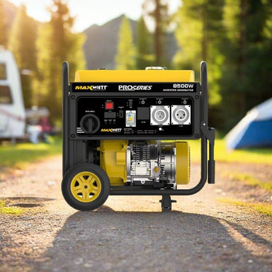 Maxwatt MX11000i inverter generator side panel in outdoor setting.