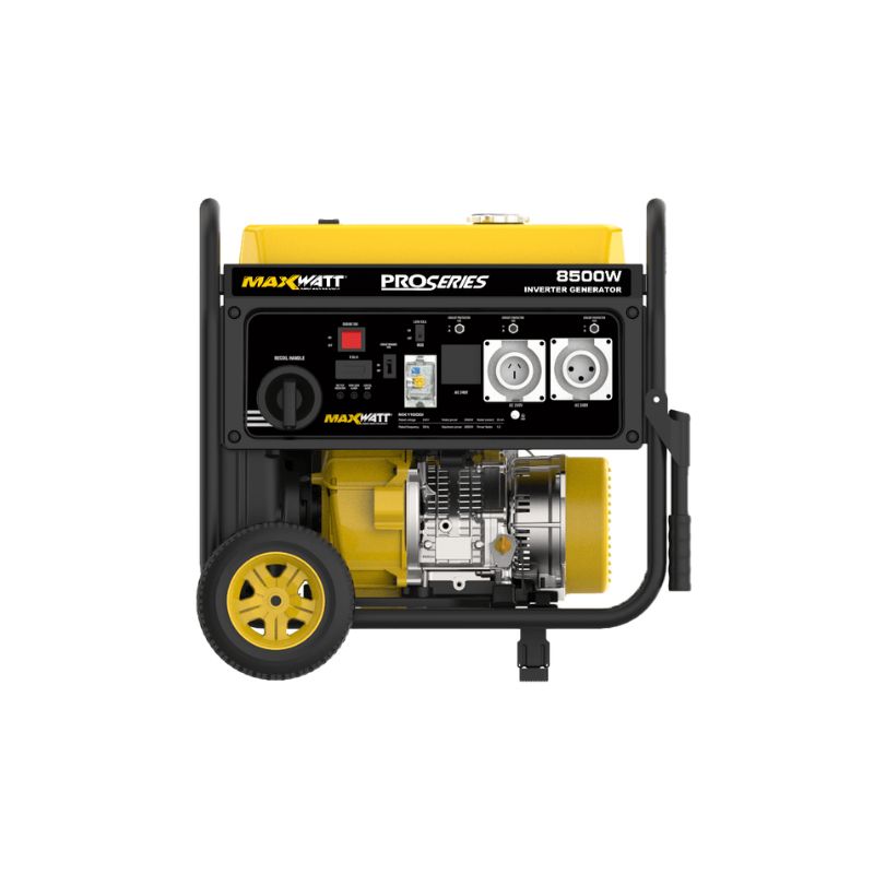 Yellow MaxWatt MX11000I inverter generator side angle with wheels