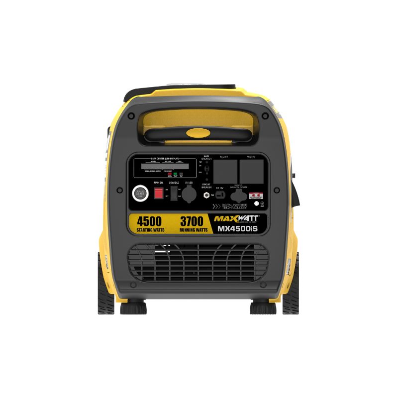 Front view of yellow Maxwatt MX4500IS showing handle, vent, wheels