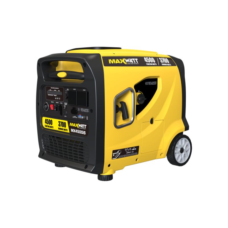 Yellow Maxwatt MX4500IS generator side angle view with wheels