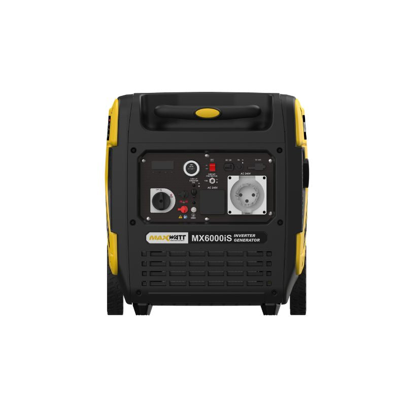 Front view of MX6000IS inverter generator control panel with sockets