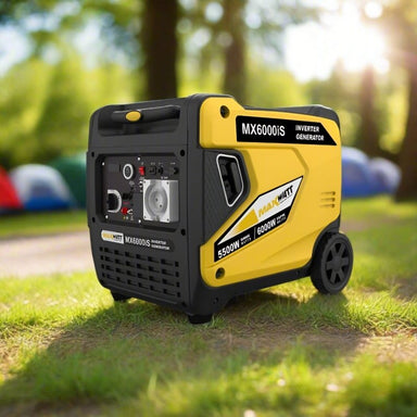 Maxwatt MX6000iS inverter generator angled view with wheels.