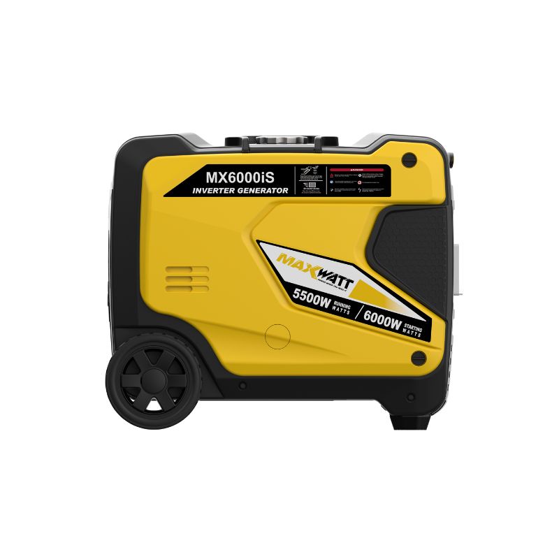 Side profile of yellow MX6000IS generator showing wheel and vents
