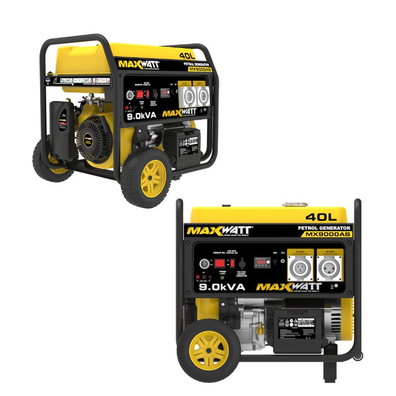 Angled view of MaxWatt MX9000AS petrol generator on wheels