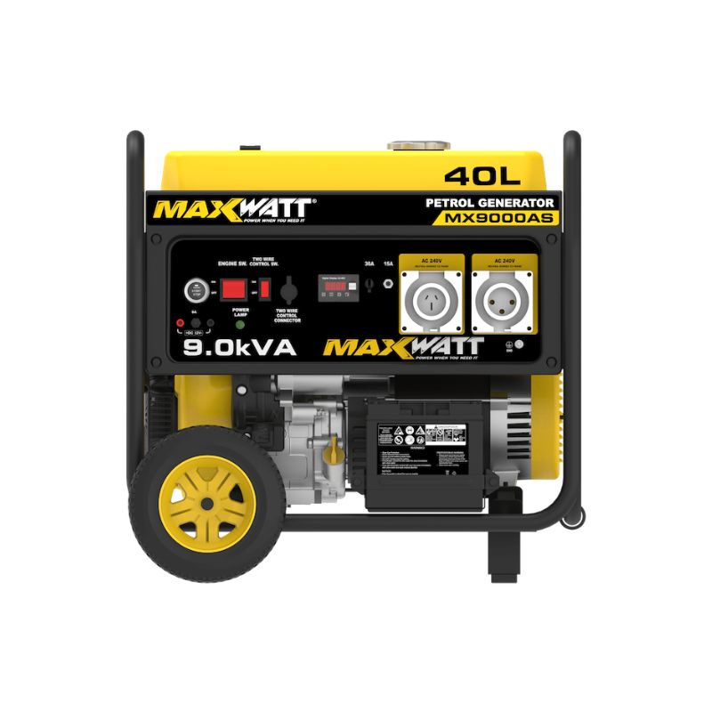 Front view of MaxWatt MX9000AS 9kVA generator with dual outlets